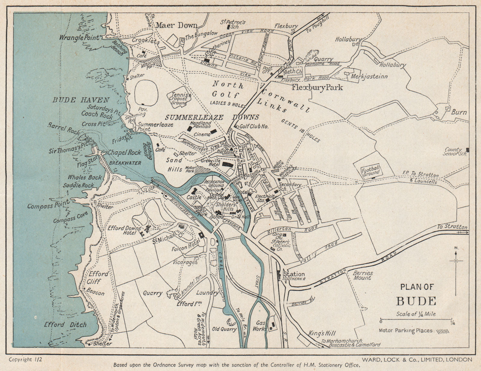BUDE vintage town plan Railway station closed 1966. Cornwall WARD LOCK c1955 map